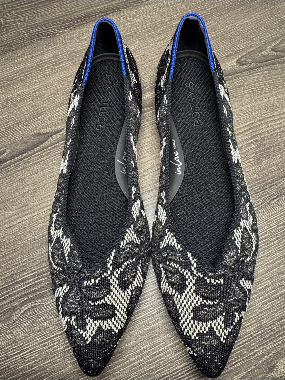 Rothy's Black & White Pointed Knit Flats with Blue Trim